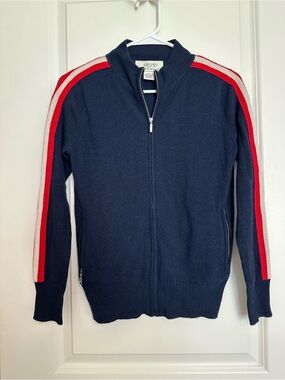 ply cashmere Navy Zip Cardigan with Red & White Shoulder Stripes
